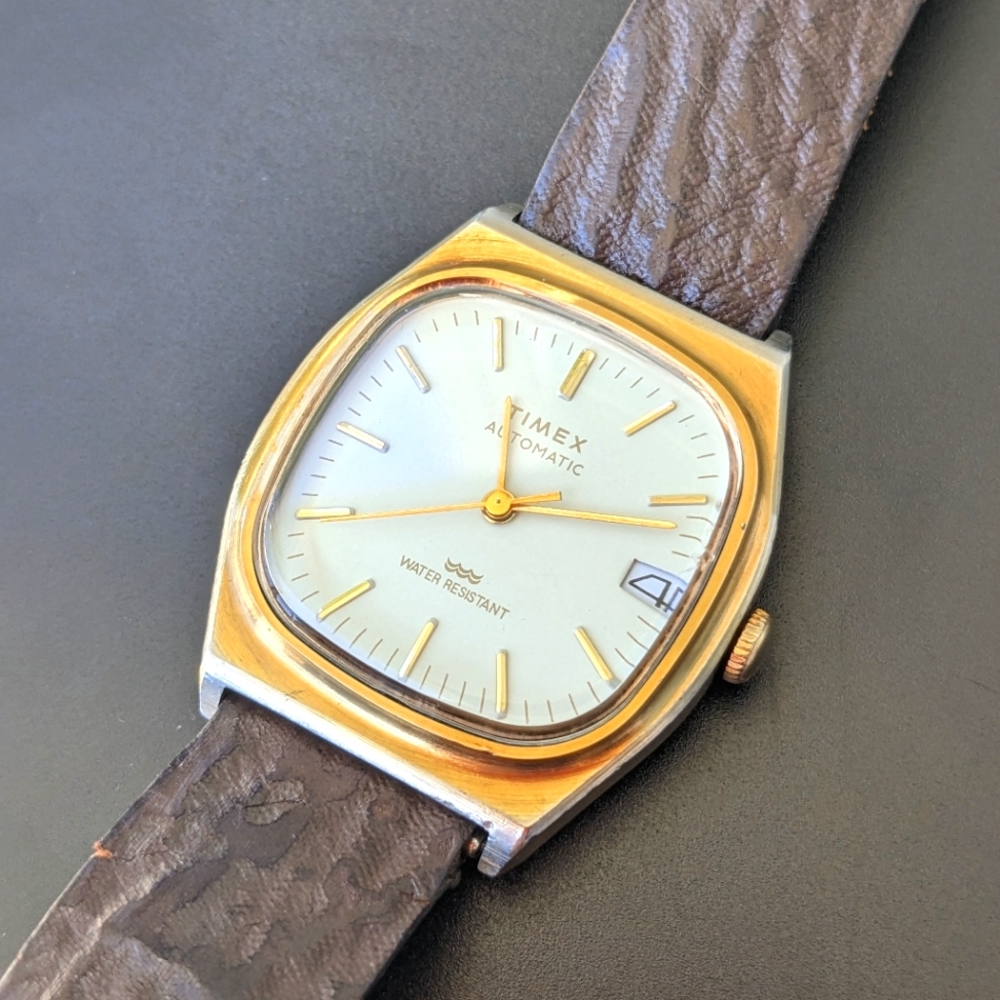 Timex Automatic Date Watch Gold Tone Square TV Style Clean Working